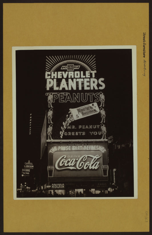 Art Print - Advertisements - [Advertising signs and billboards - Advertising Chevrolet, Planters peanuts, Coca-Cola.]