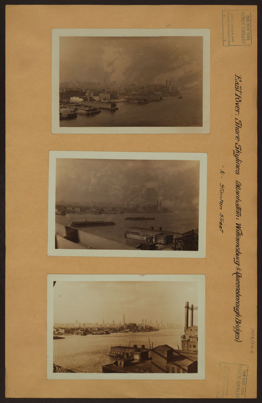 Art Print - East River - Shore and skyline of Manhattan from Stanton Street - Williamsburg and Queensborough Bridges - [Piers 51, 52, 55 and 56.]
